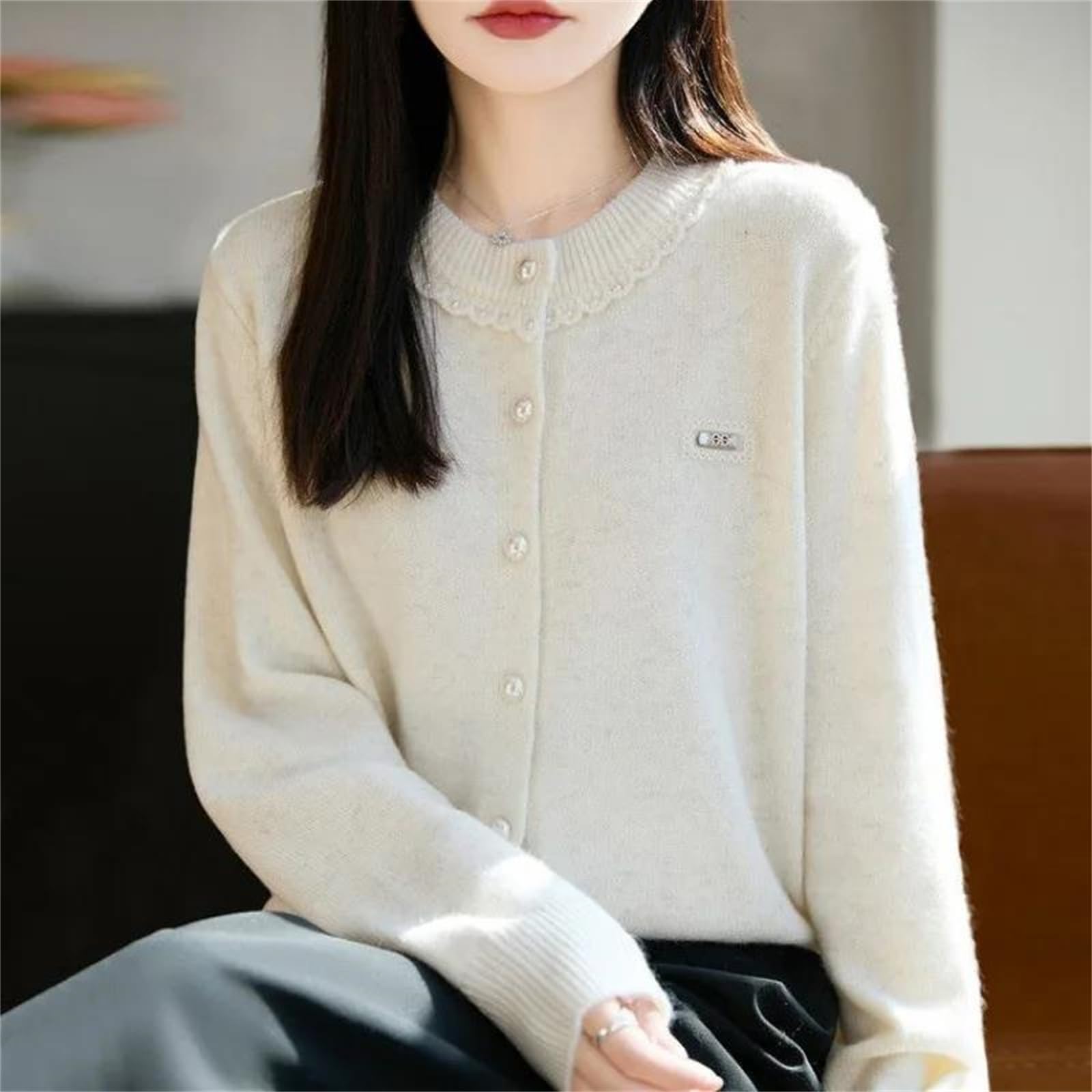 Cárdigan de punto con botones y perlas para mujer, cuello redondo, holgado, de punto de retazos, para otoño e invierno, elegante chaqueta de manga larga