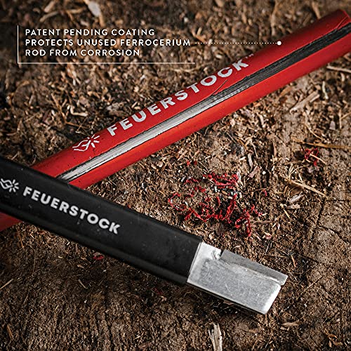 Feuerstock Fire Starter Survival Tool For Camping, Full-Grip Carbide Ferro Rod Striker, Firestarter With Patented Red Protective Coating, Shower Sparks In Rain Snow Cold Storms, Black Paracord Lanyard #TOP2