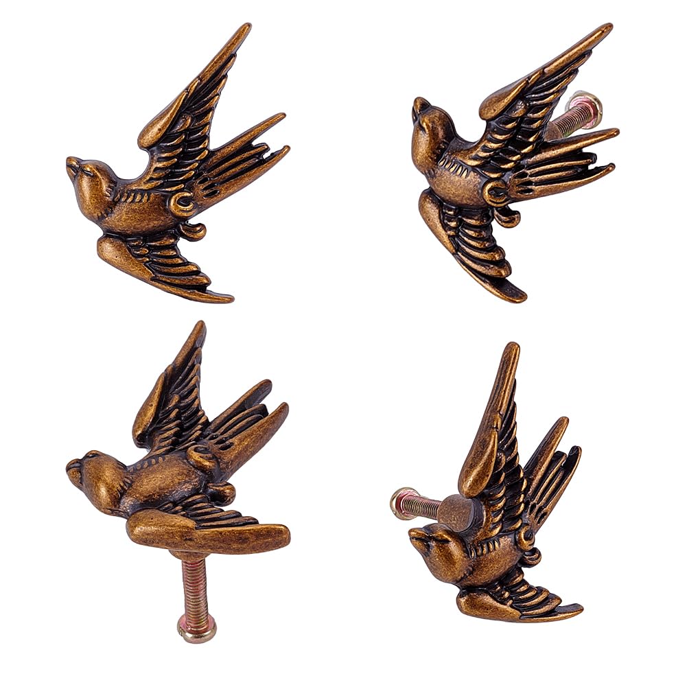 WADORN 4 Sets Swallow Cabinet Knobs, Antique Bronze Decorative Bird Drawer Knobs Vintage Zinc Alloy Metal Flying Bird Single Hole Pull Handles for DIY Cupboard Door Drawer Furniture Kitchen Upgrade