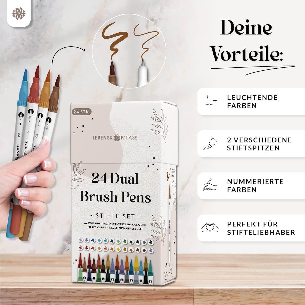 LEBENSKOMPASS Brush Pen Set mit 24 wasserbasierten Dual Brush Pen Stiften - Pinselstifte für: Malbuch für Erwachsene, Handlettering, Kalligraphie & dein Bullet Journal
