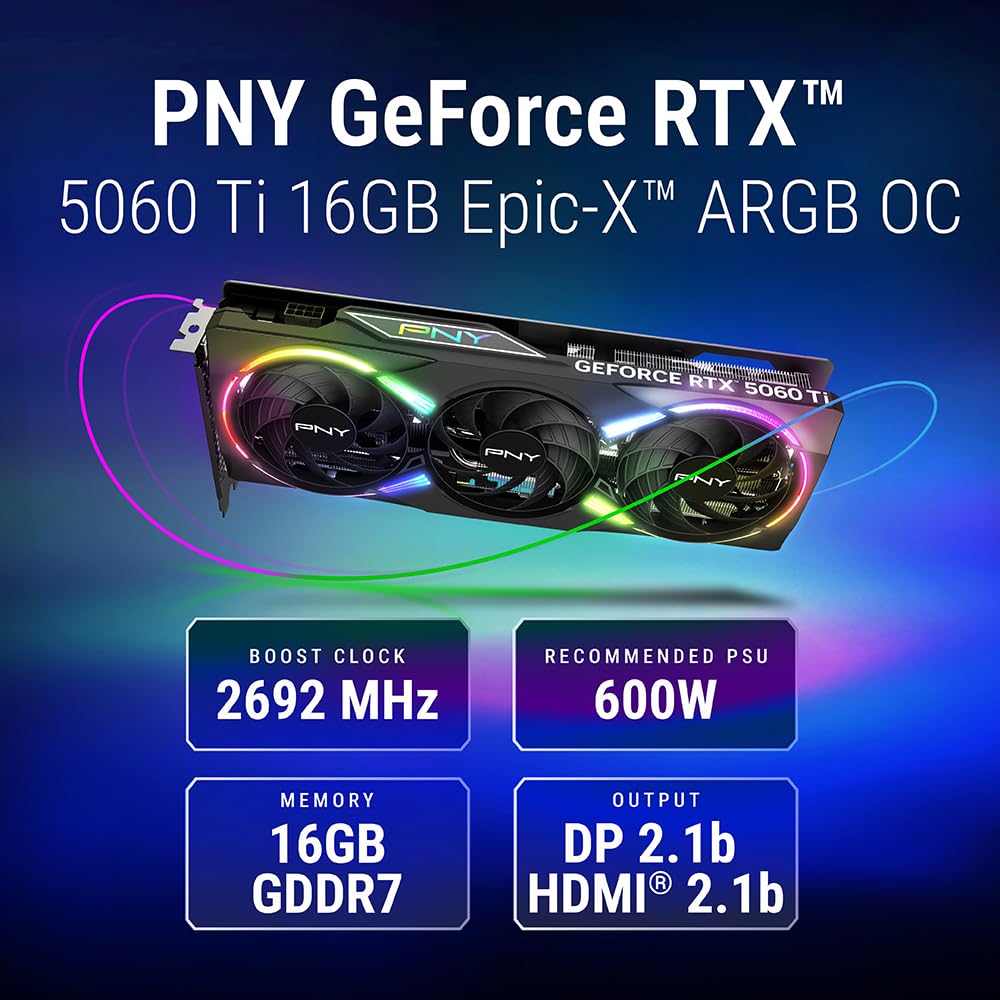 PNY Tarjeta Gráfica GeForce RTX™ 5060 Ti 16GB ARGB OC Triple Fan DLSS 4