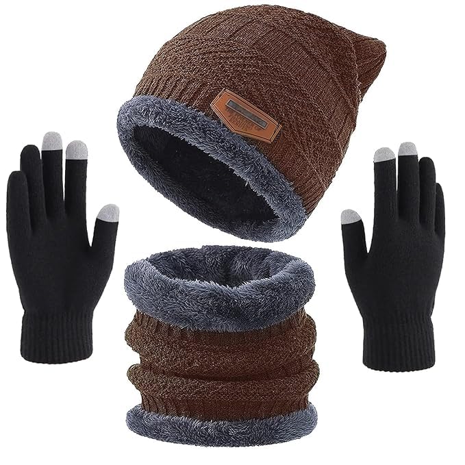 Wool Winter Beanie Casual Style Hats Scarf Gloves Set, Winter Warm Knit Skull Cap With Gloves, Neck Warmer For Men Women - Black, Free Size