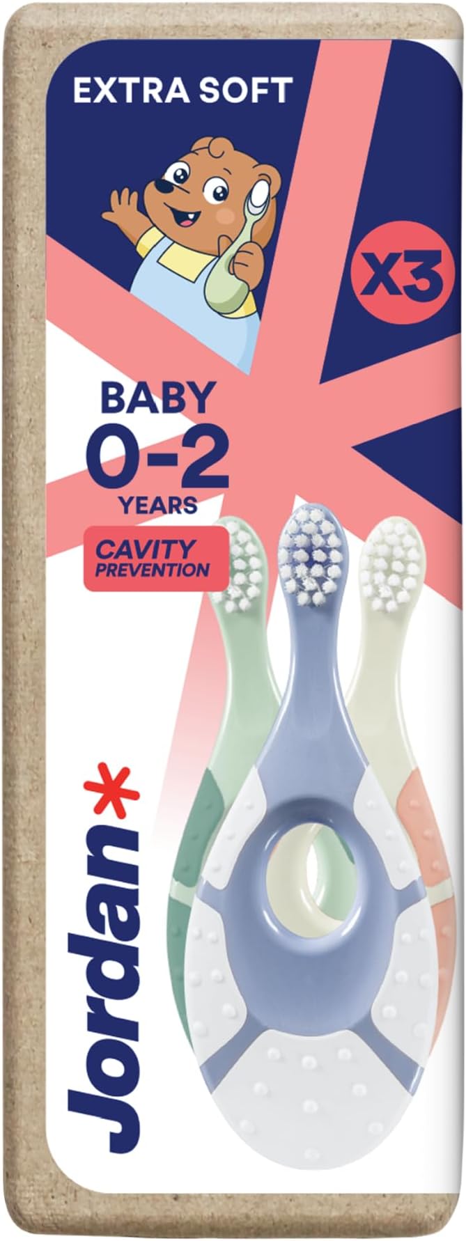 Jordan ® | Clean Smile Care Baby | Extra Soft Manual Toothbrush 0-2 Years, Recycled Plastic Handle, Plant-Based Nylon Bristles, Recycled Packaging, Scandinavian Design | Assorted Colors | Pack of 3