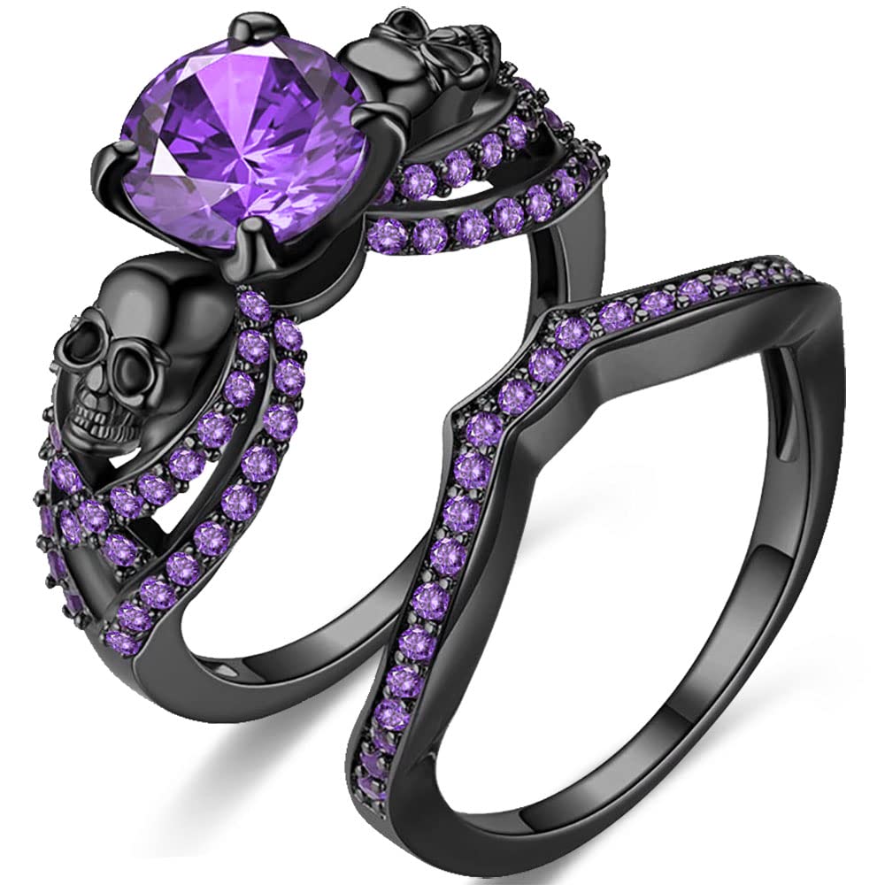 Gothic Black Skull Rings Red Purple Crystal Ring Cocktail Party Halloween Biker Rings for Women Christmas Gifts