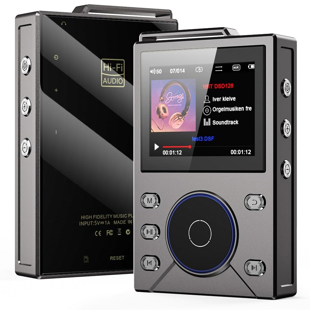 HiFi Lossless per MP3 per lettore musicale con supporto DSD256, riproduzione 50 ore, display LCD da 2,4", batteria 3000 mAh, per audiofili, nero