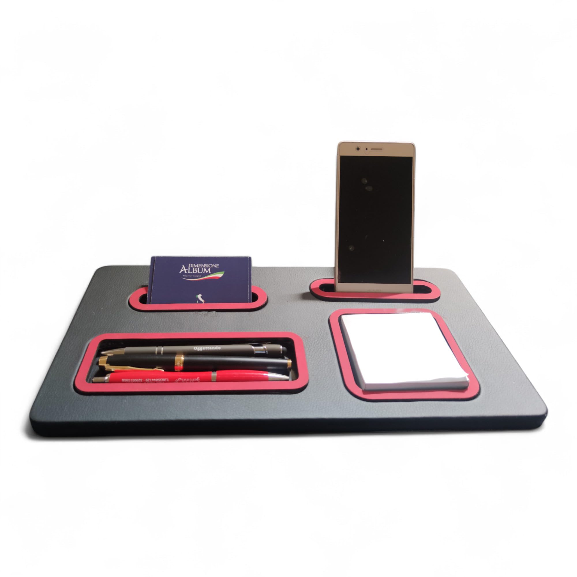 Juego de escritorio de ecopiel sintética negra, 4 en 1 organizador con soporte para smartphone, porta bolígrafos, tarjetero, porta tarjetas adhesivas para oficina o casa (PU rojo)