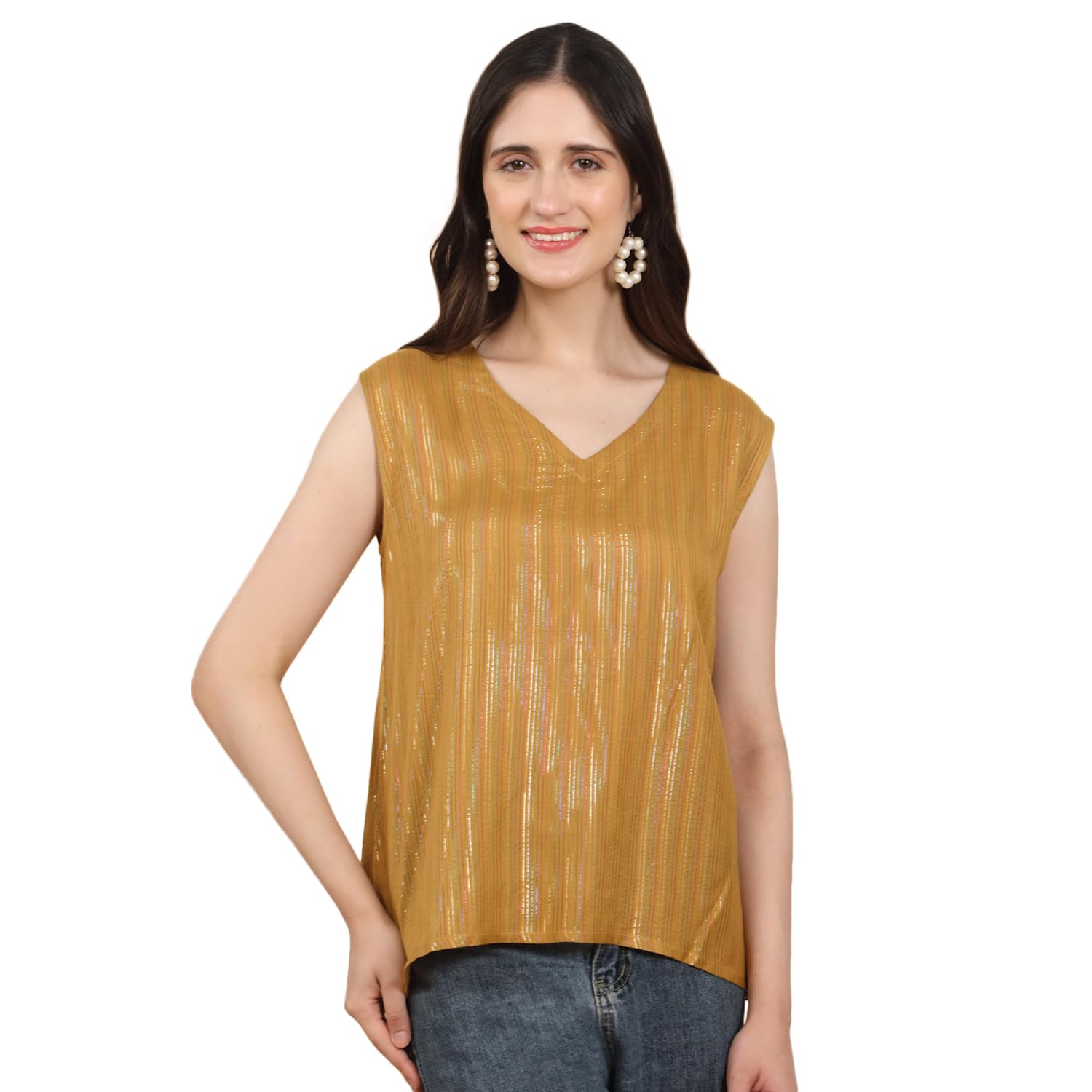 Women's Mustard Shimmer Striped Sleeveless V-Neck Top | Regular Fit Western Top | Casual, Office for Women-picture-51