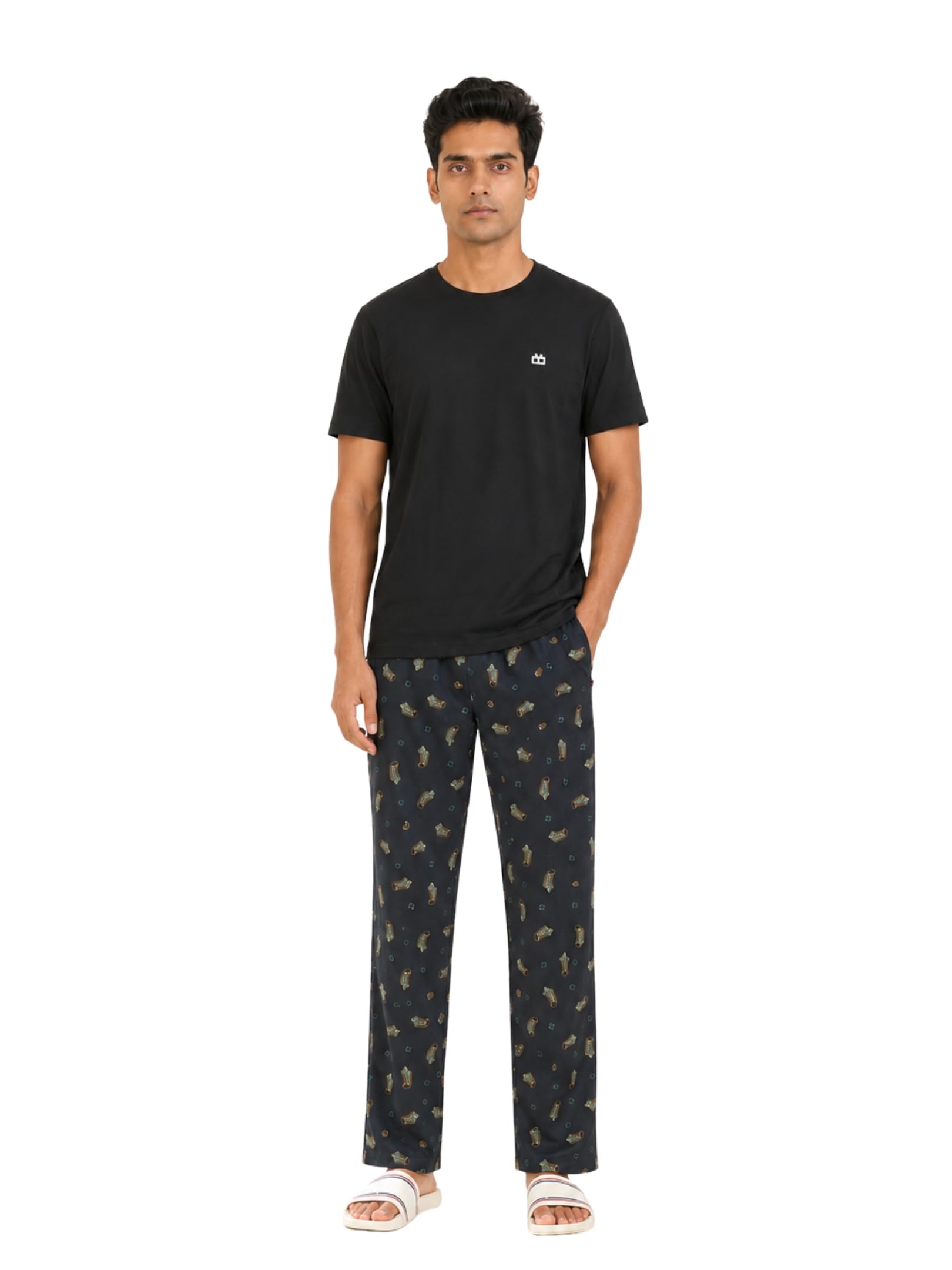 boxy crew Men's Night Suit Set - Black T-Shirt & Dark Teal Printed Lounge Pyjama, 100% Cotton Sleepwear, No-Mark Elastic, Invisible Zip Pocket, Drawcord, Dual Pockets,-picture-11