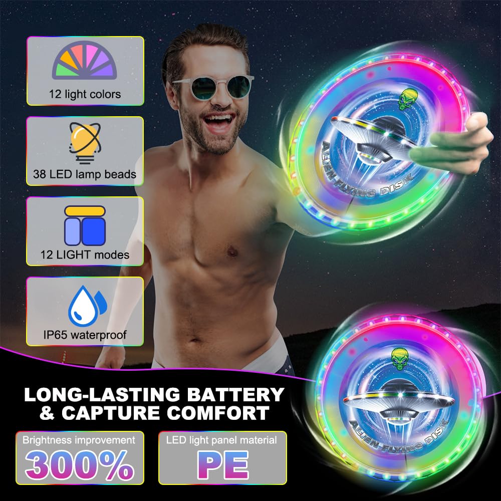 Frisbee LED Ultimate Frisbee lumineux à LED 25 cm - Anneau volant lumineux avec 12 modes de couleur - 38 LED RVB - Pour l'extérieur, la pelouse, les jeux de camping