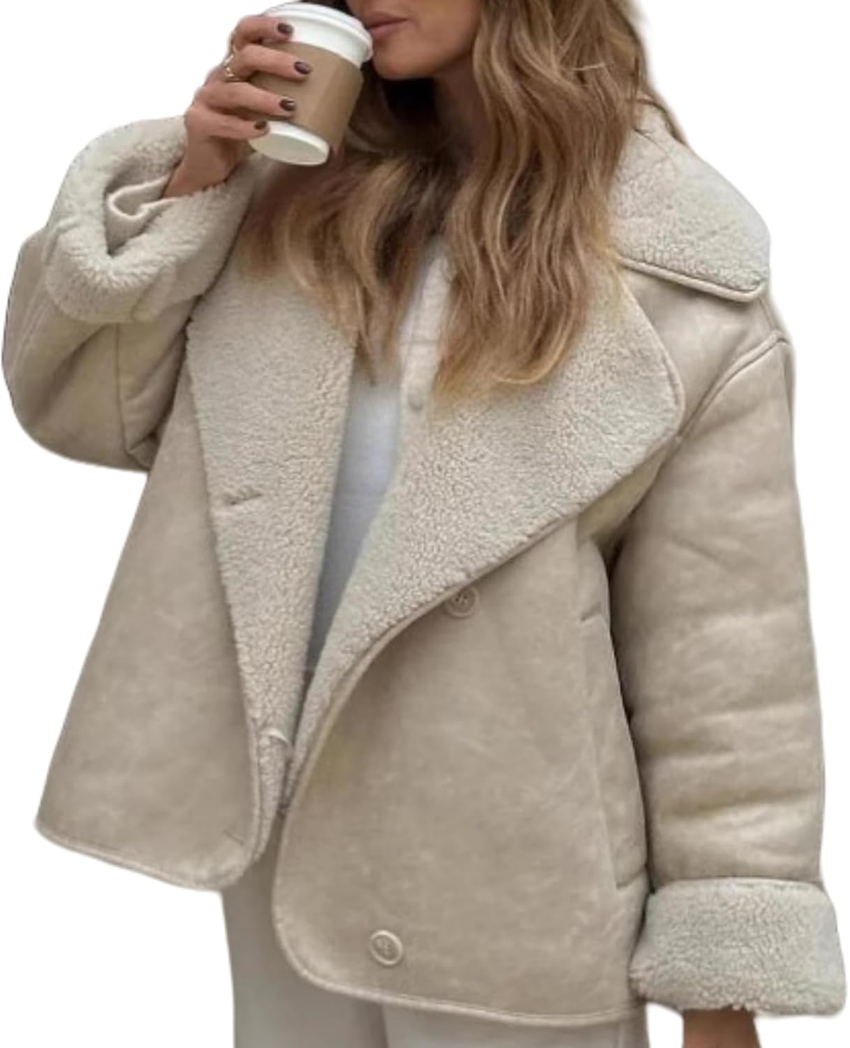 Perbai Women's Lapel Fleece Lined Single Breasted Faux Suede Jacket Oversized Leather Trucker Coat