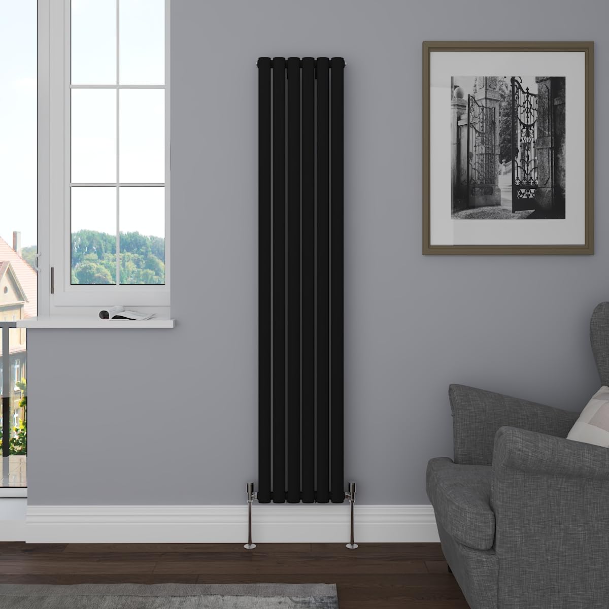 NRG 1800 x 354mm Vertical Single Oval Panel Radiator Black Designer Bathroom Central Heating Rads for Living Room and Kitchen