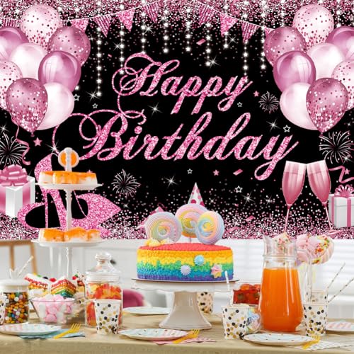 Image of Happy Birthday Banner - Birthday Decorations for Women Girls Pink Birthday Party Banners Welcome Happy Birthday Background Sign for Theme Party Decorations Indoor Outdoor