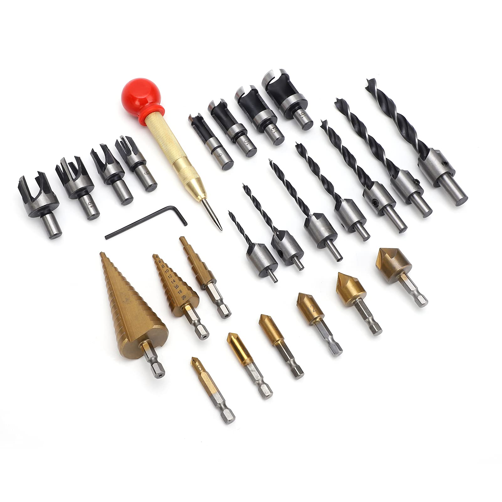 Herramientas de perforación de chaflán para carpintería, kit combinado de 26 brocas avellanadas de tres puntas, llave en L, 8 cortadores de tapones de madera, broca de 3 pasos, perforadora central