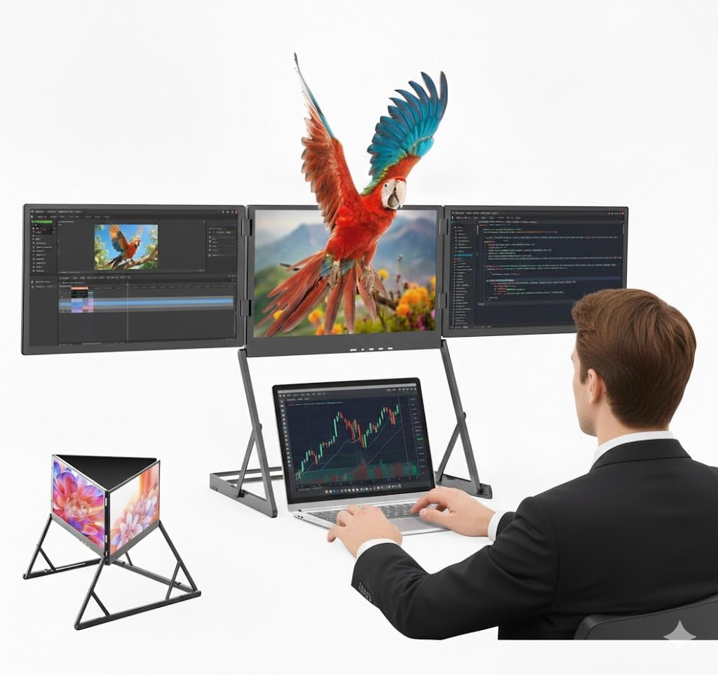 15.6" Laptop Screen Extender Monitor Portable, Quad Monitor, Just 1 Cable for 3 Screens, FHD 1080P IPS Laptop Extender Compatible with Wins/Mac for 13.6" - 17.3" Laptops (Triple screen, Grey, 15.6")