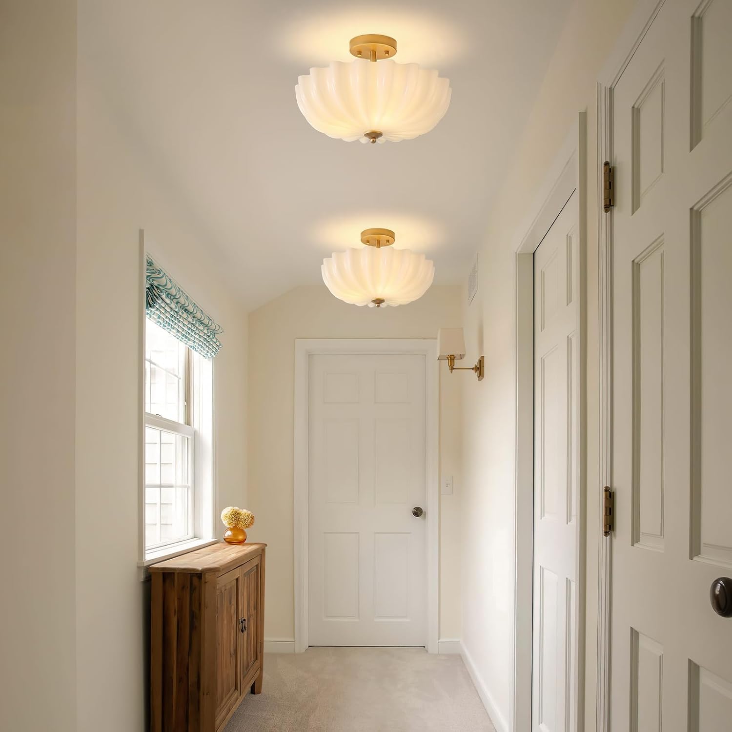 Gold Modern Ceiling Light,15.7" Semi Flush Mount Ceiling Light Fixture with Milky Flower Shade,3-Light Kitchen Lights Ceiling Entryway Light Fixture for Bedroom Hallway Porch