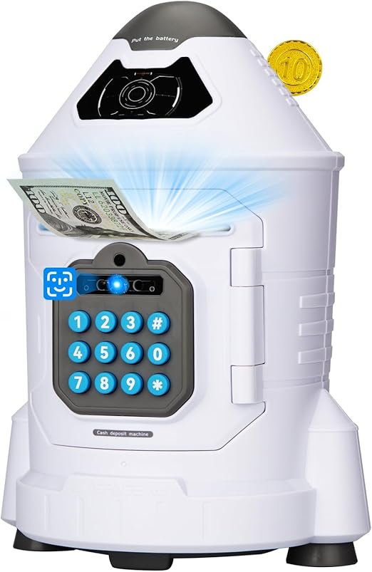 Kids Safe, Electronic Piggy Bank for Boys Girls, ATM Money Saving Box Toy 2024 with Password & Face ID Simulation, Christmas Birthday Gifts for 4 5 6 7 8 9 10 Year Old, Rocket Space Coin Cash Can