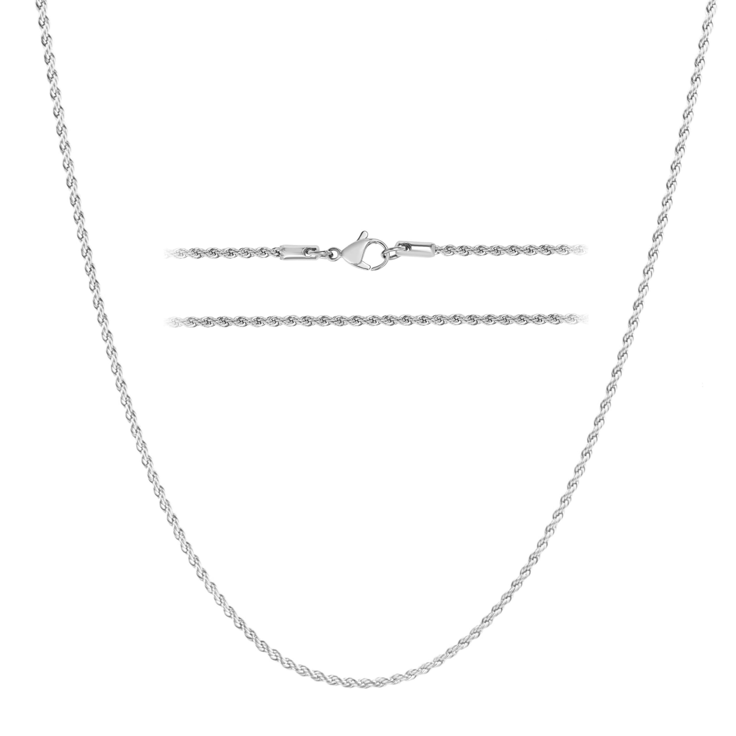 KISPER24k White Gold Rope Chain Necklace –Thin, Dainty, White Gold Plated Stainless Steel Jewelry for Women & Men with Lobster Clasp