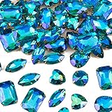 Large Gold Sew On Rhinestones, Choupee 48PCS Mixed Shapes Brass Sew On Glass Stones Jewels Sewing Claw Gems for Craft, Clothes, Dress, Shoes, Costume Jewelry (Lake Blue AB, Copper - Gold Claw)