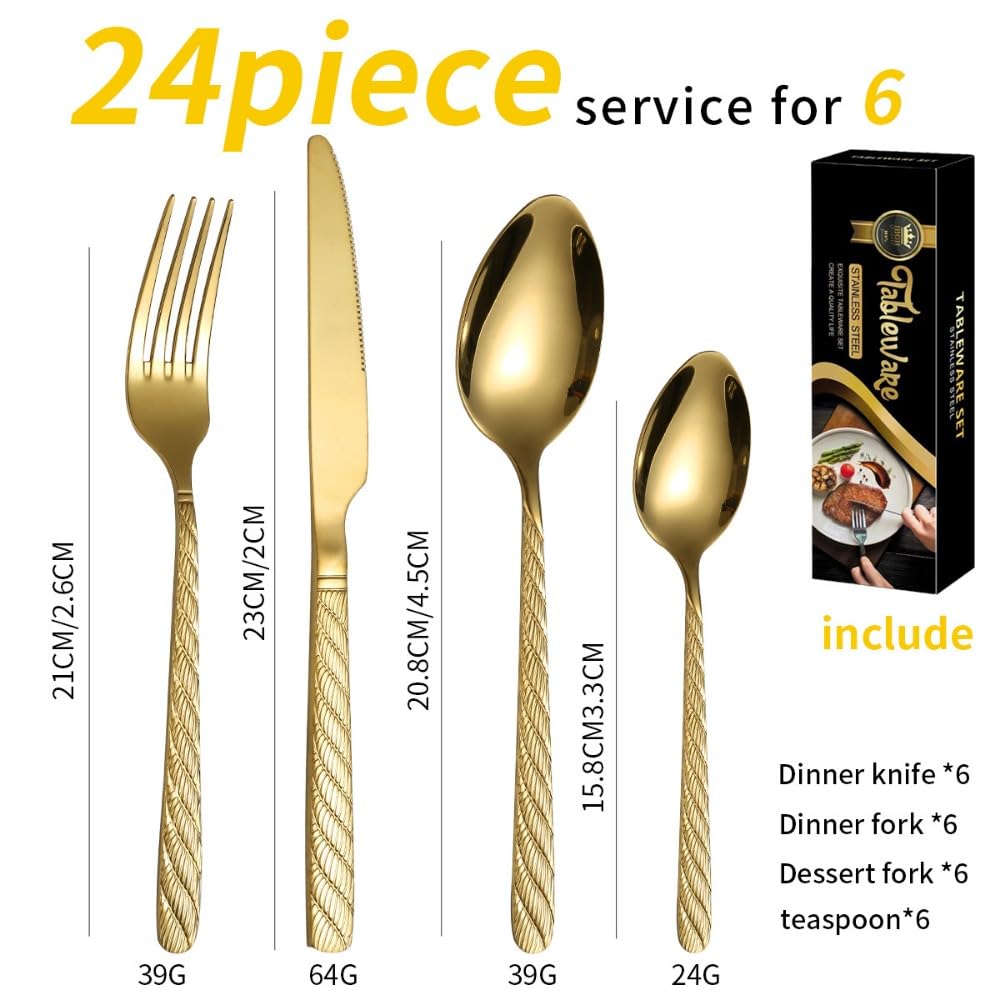 Manico Per Fiori Filettato Cucina Posate in Acciaio Inossidabile Stoviglie Posate Coltelli Forchette Cucchiai Set Set Regalo Per Lucidatura A Specchio (Oro,24 pezzi)