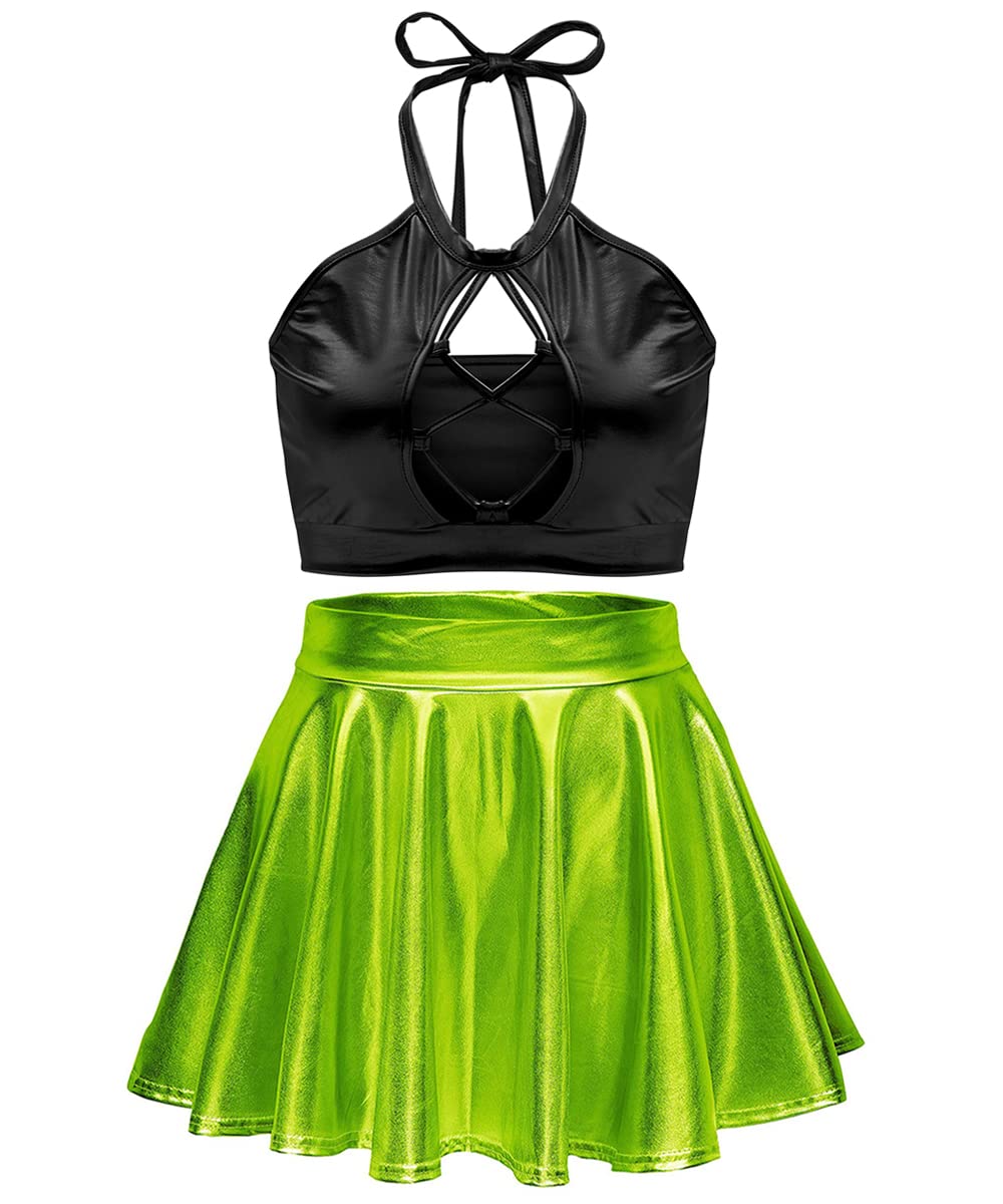 Sfbbclozwomens Wet Look Piece Outfits Shiny Metallic Crop Top