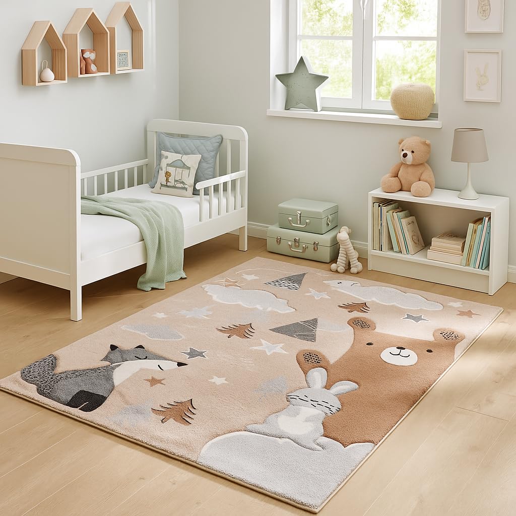 Pergamon Tapis Enfant Grsi Beige Maui Kids Renard et Ours, Tapis à Poils Courts pour Chambre d'enfant, Disponible en 5 Tailles