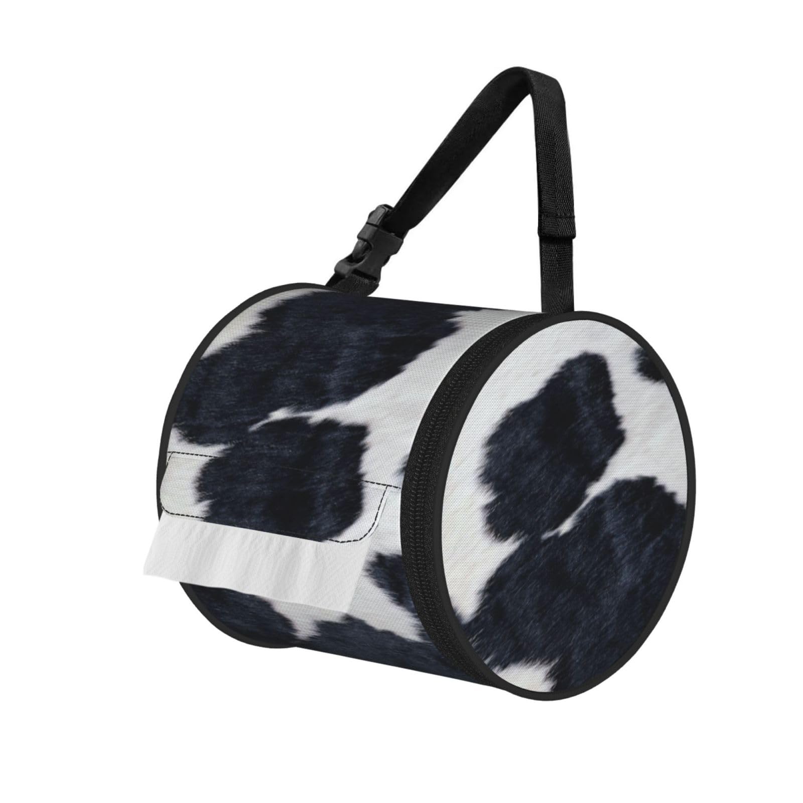 Cowhide Print Cylinder Tissue Holder Bag With Strap, Portable Roll Dispenser Case For Car Rv Camping