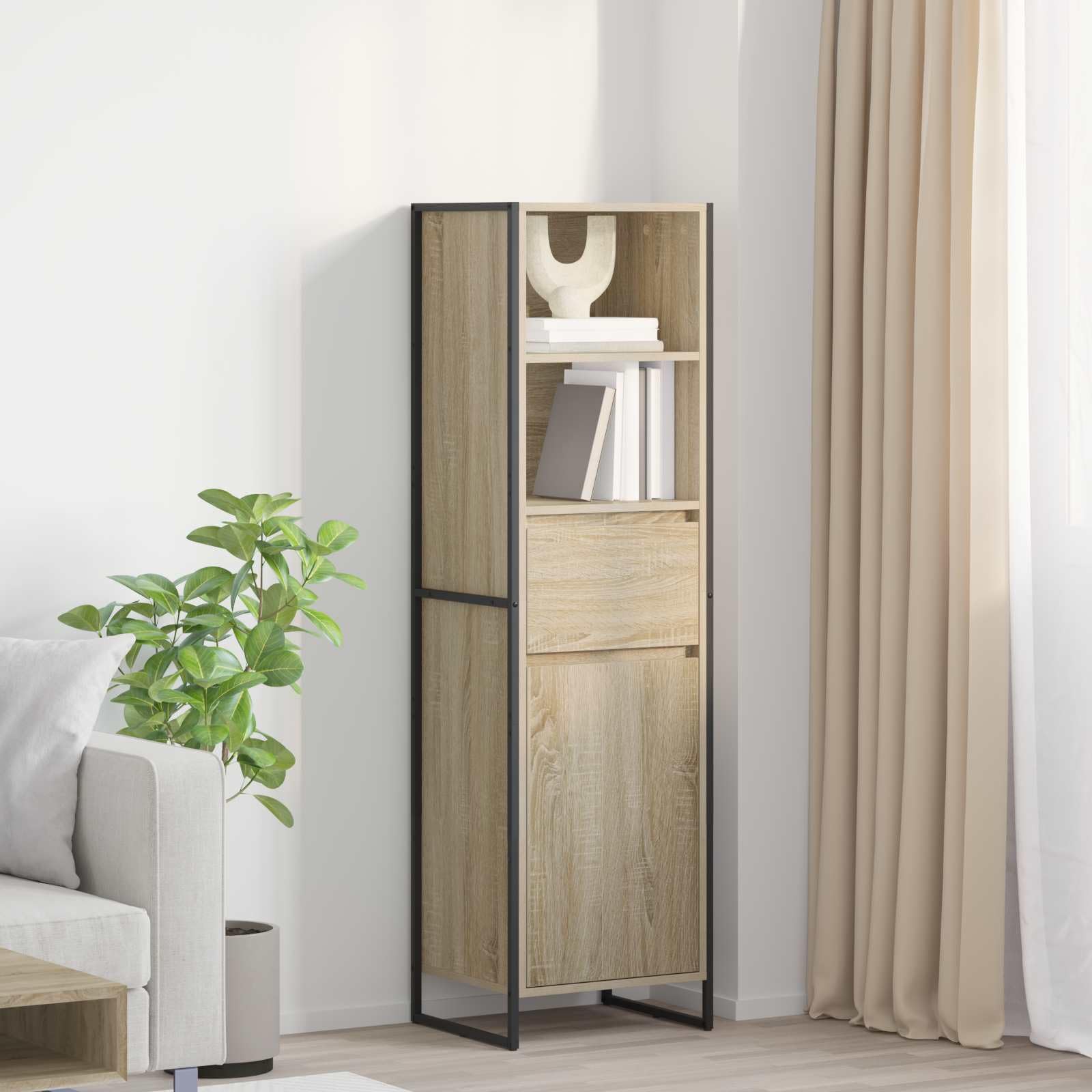 Regał na książki Sonoma 43 x 36 x 150,5 cm, materiał drewnopochodny z drzwiami i szufladą, przemysłowy regał stojący do salonu, biura, kuchni, wszechstronne przechowywanie