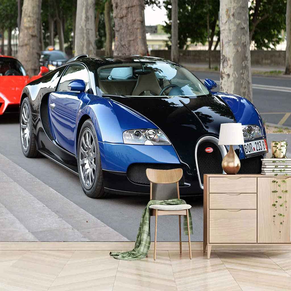 Papier peint photo voiture 3D pour habiller le mur TV du salon moderne