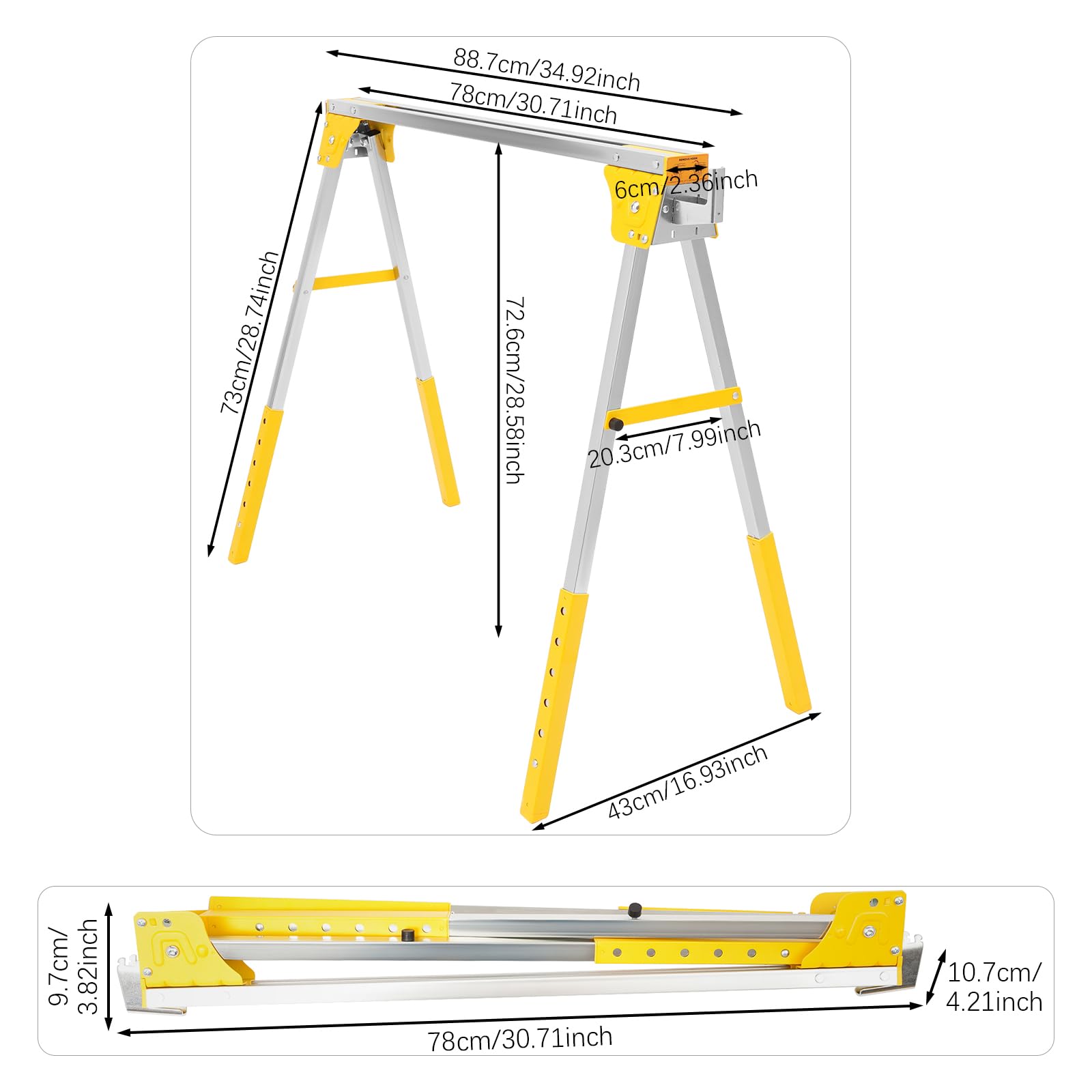 Juego de 2 caballetes de trabajo con altura ajustable, caballete plegable con capacidad de carga de 1200 kg, caballete de metal para almacenes, fábricas, jardines, zonas de madera (amarillo)