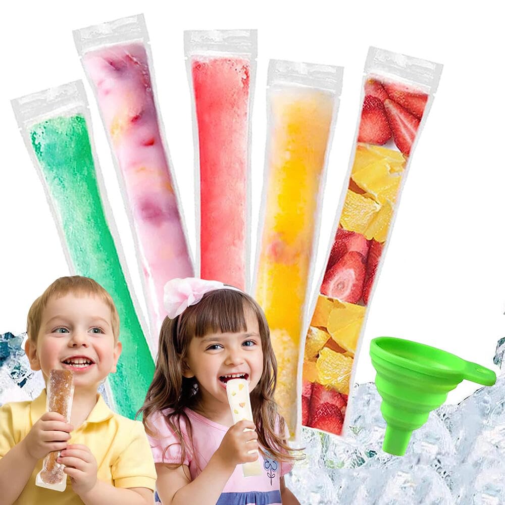 Goodern 100 Pcs Popsicle Bags with Funnel,Disposable Ice Popsicle Mold Bags BPA Free Freezer Tubes with Zip Seals,Freeze Ice Pop Mold Bags with Silicone Funnel for Healthy Snacks Yogurt Juice Fruit