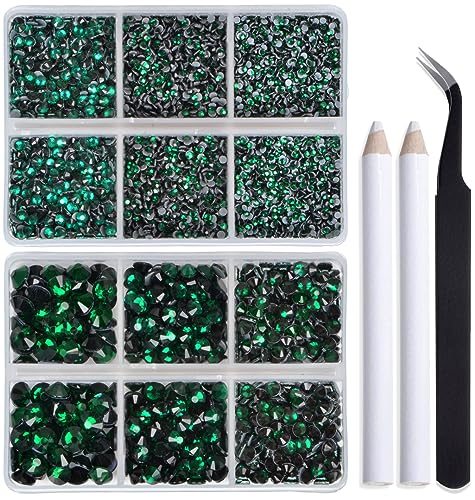 Image of Bymitel Hotfix Crystal Rhinestones Round Gems for Crafts,Mixed 6 Sizes with Wax Pencil Kit, Emerald 1.6-6.3mm SS4-SS30 /8000pcs