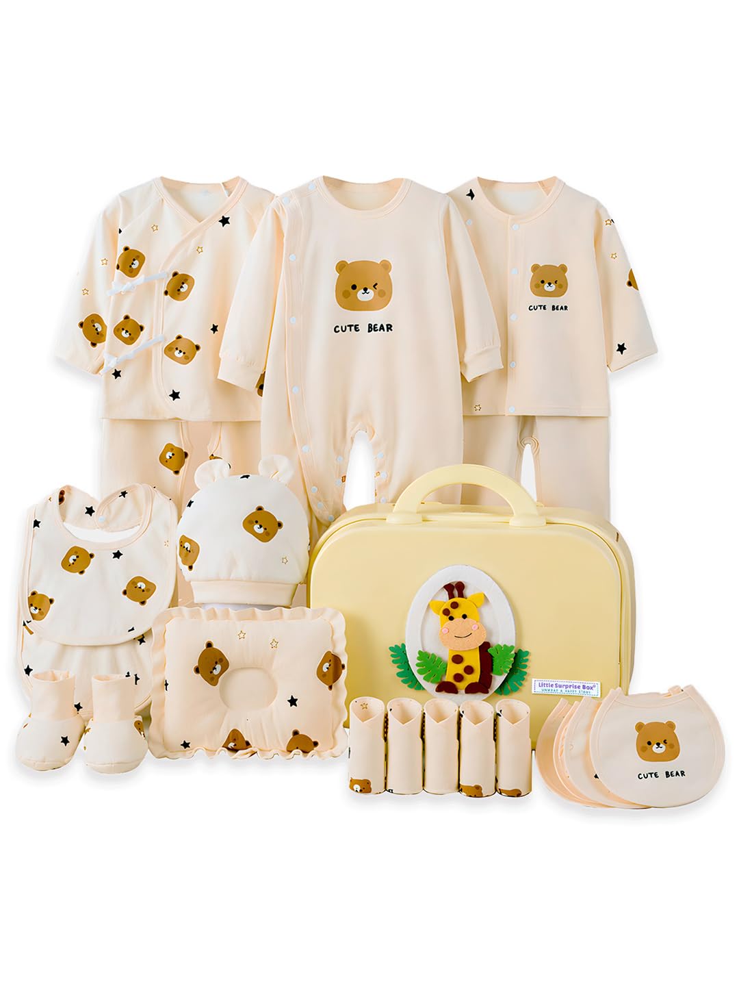 Little Surprise Box, 22 pcs small Bear Hamper for Newborn Baby Boy/Baby Girl, All season wear hamper with Giraffe travel Suitcase, 0-12 months-image-2