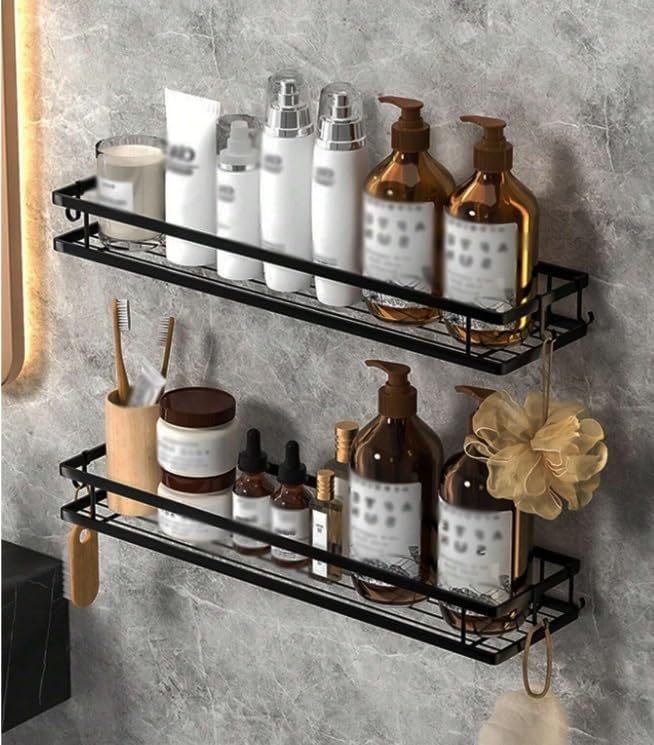 Wall Mounted Bathroom Shelves ? Pack of 2 Utility Storage Racks, 16 x 4 x 2.5 Inch, Iron, Black ? Space-Saving Organizer for Toiletries, Toilet or Small Bathroom Use-image-23