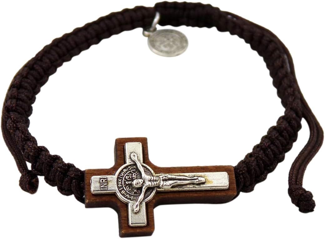 Needzo St Benedict Bracelet, Sideways Cross Crucifix on an Adjustable Macrame Jewelry Accessory, 7 1/2 Inch