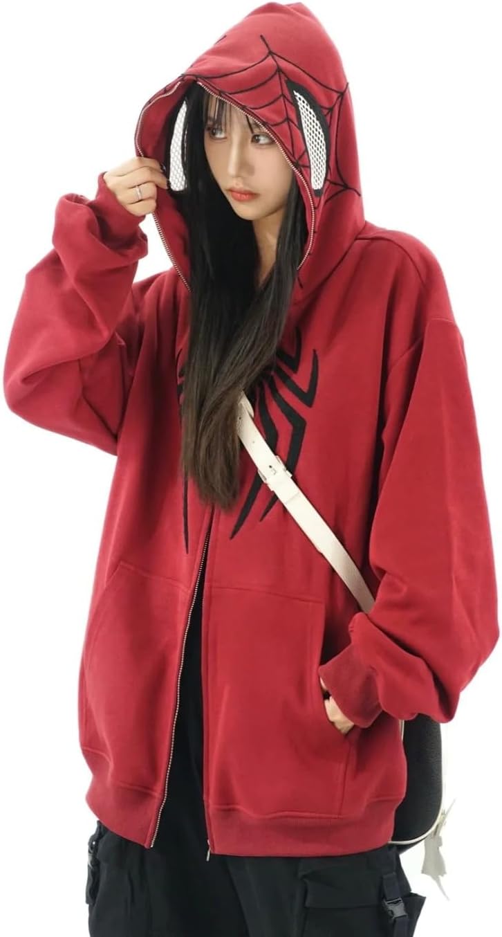 Y2K Hip Hop Spider Hoodie for Women Men Graphic Full Zip up Hoodies Oversized Kawaii Hoodies Spider Jacket, Red, Medium