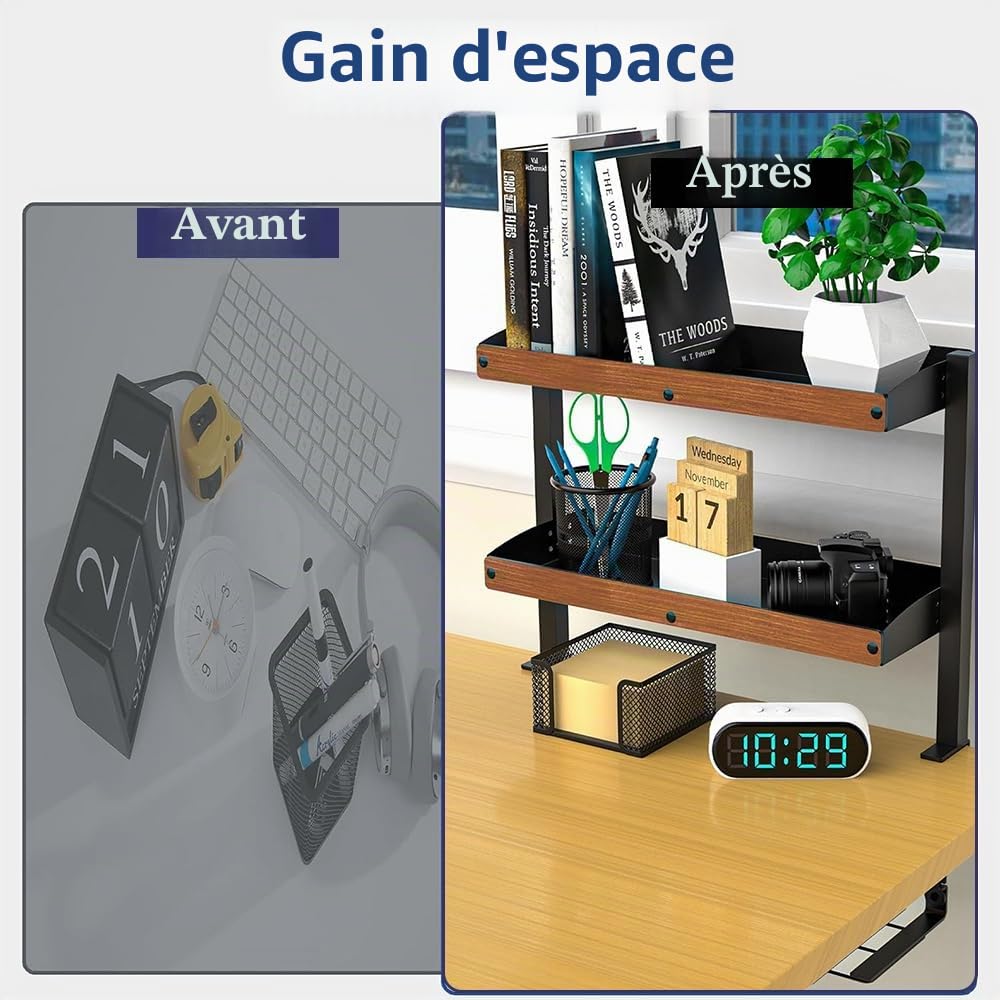 Organisateur de Bureau à Pince avec Plateau de Gestion des Câbles sous Le Bureau, Étagère de Bureau à Pince à 2 Niveaux avec Plateau de Rangement Réglable pour Accessoires de Table