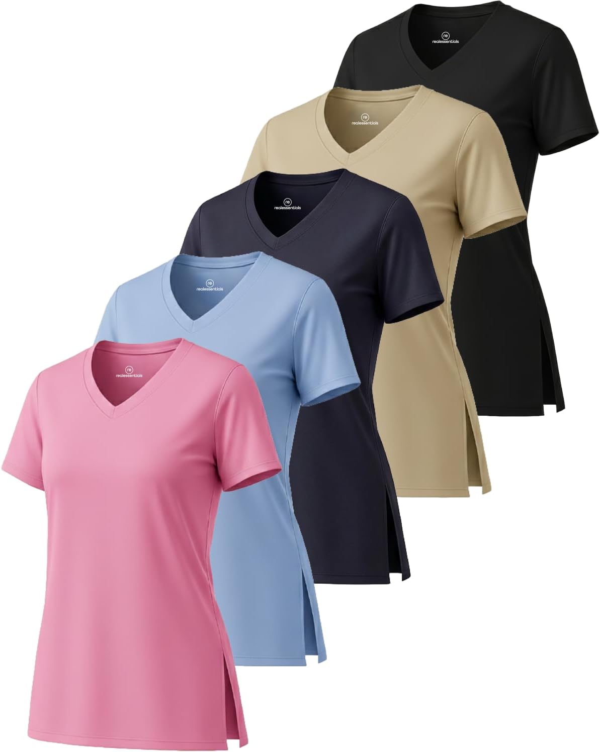 5 Pack: Women's Short Sleeve Split Hem V-Neck T-Shirts, Athletic Tops, Gym, Workout, Yoga, Activewear (Plus)
