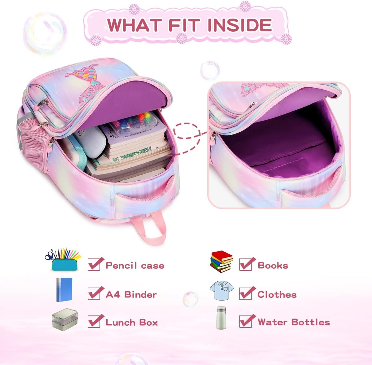 Cusangel Kids Backpack for Girls Preschool Elementary Kindergarten Mermaid School Bag 15.6″ Multifunctional Cute Large Capacity - Image 7