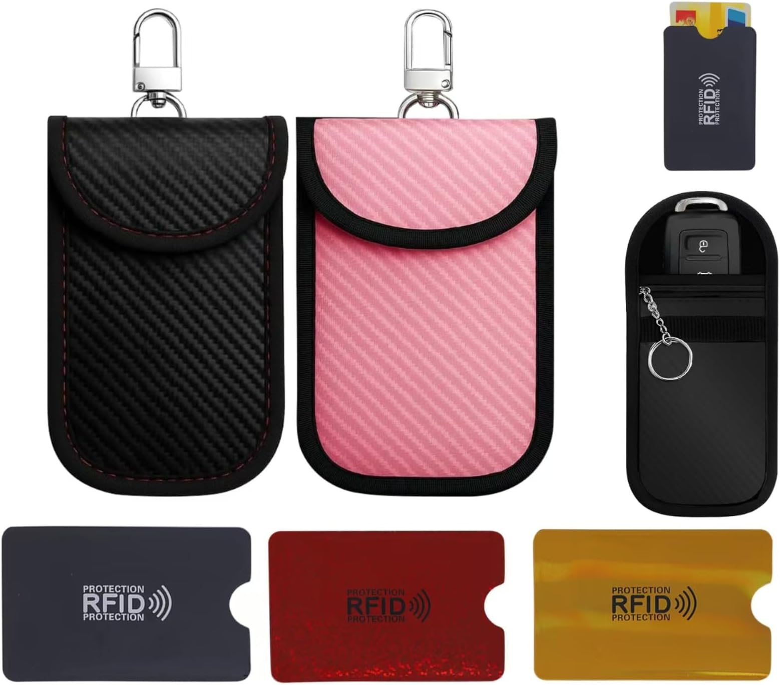 5 Pack Car Key Faraday Pouch Set, 2 Medium Signal Blocking Key Pouches Black & Pink with 3 RFID Card Holders, Anti-Theft Keyless Entry Protection