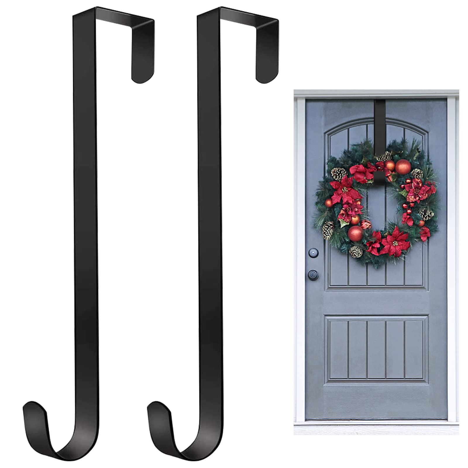 15" Christmas Wreath Hanger for Front Door, 2 Pack Metal Over The Door Hooks Wreath Holder, Fall Wreath Christmas Halloween Thanksgiving Decorations Outdoor Indoor, Welcome Sign for Front Door(Black)