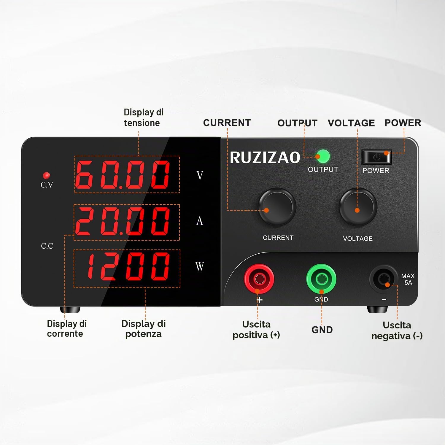 Alimentatore da Banco 60V 20A 1200W Alta Potenza Alimentatore da Laboratorio Regolabile con OUTPUT/Encoder Alimentatori Stabilizzato per Laboratorio/Automazione/Test delle Batterie/Elettronica