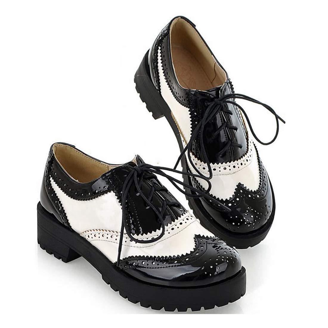 MISTU Women's Classic Flat Oxford Shoes Lace Up Wingtip Perforated Low Heels Retro Vintage Oxfords Brogues