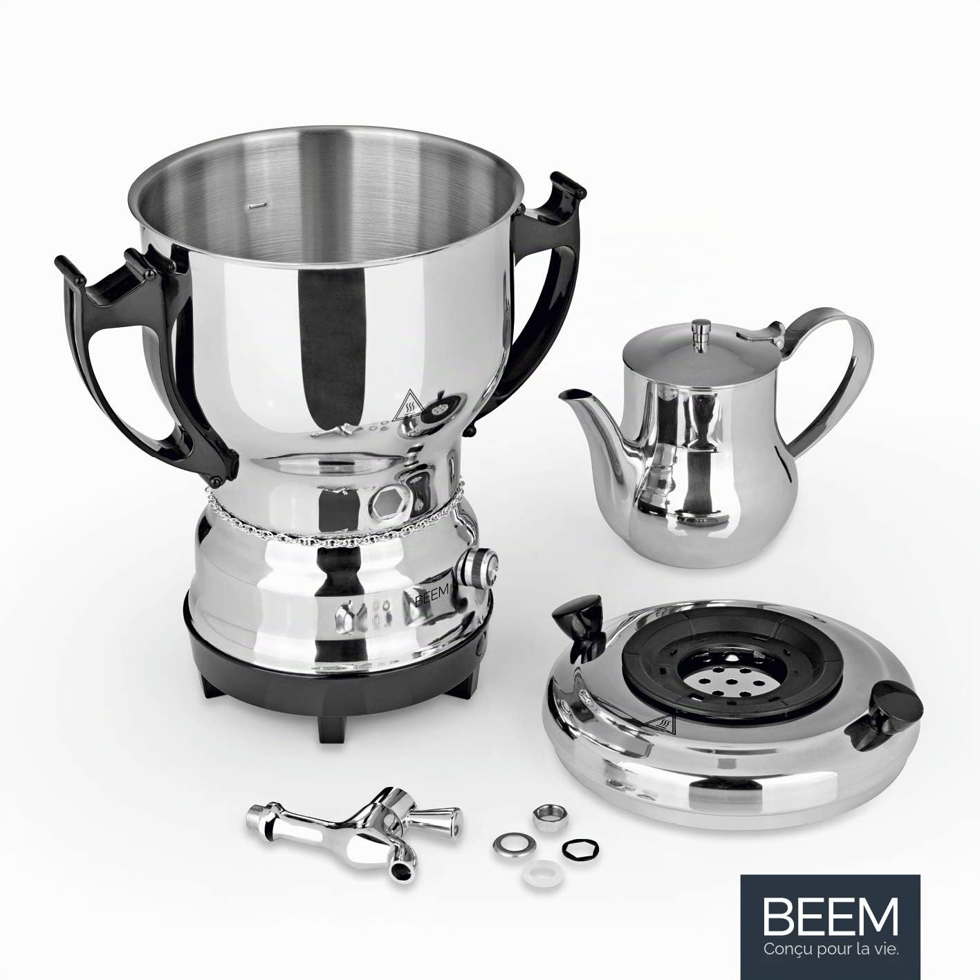 BEEM Tea-Classic Samovar - 3L | Acier Inoxydable | Grande théière Aussi pour la Restauration | avec Robinet de vidange en Acier Inoxydable | Régulateur de température réglable | avec théière de 1 L