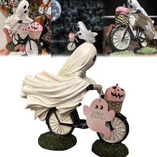 Ciclista fantasma con calabaza rosa, decoración de Halloween, duende y fantasma demonio en bicicleta, calabaza rosa, fantasma montando en bicicleta, linda figura de Halloween, decoraciones de mesa for