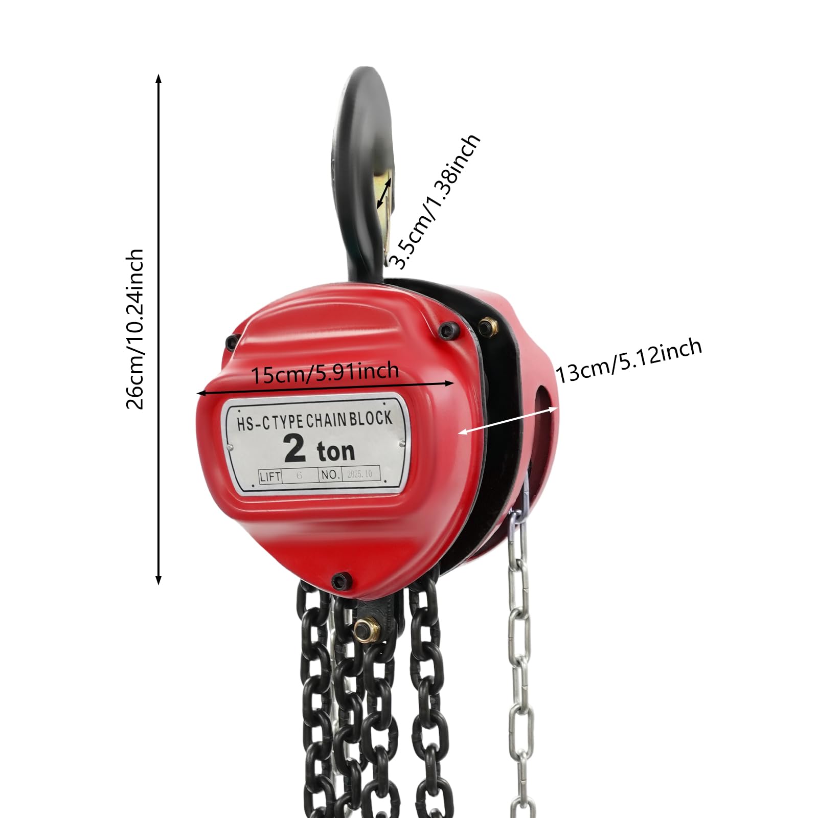 Paranco a catena 2T con gancio girevole a 360°, 6 m, altezza di sollevamento, con catena G80, paranco manuale fino a 2000 kg, per cantiere, garage o officina (rosso)