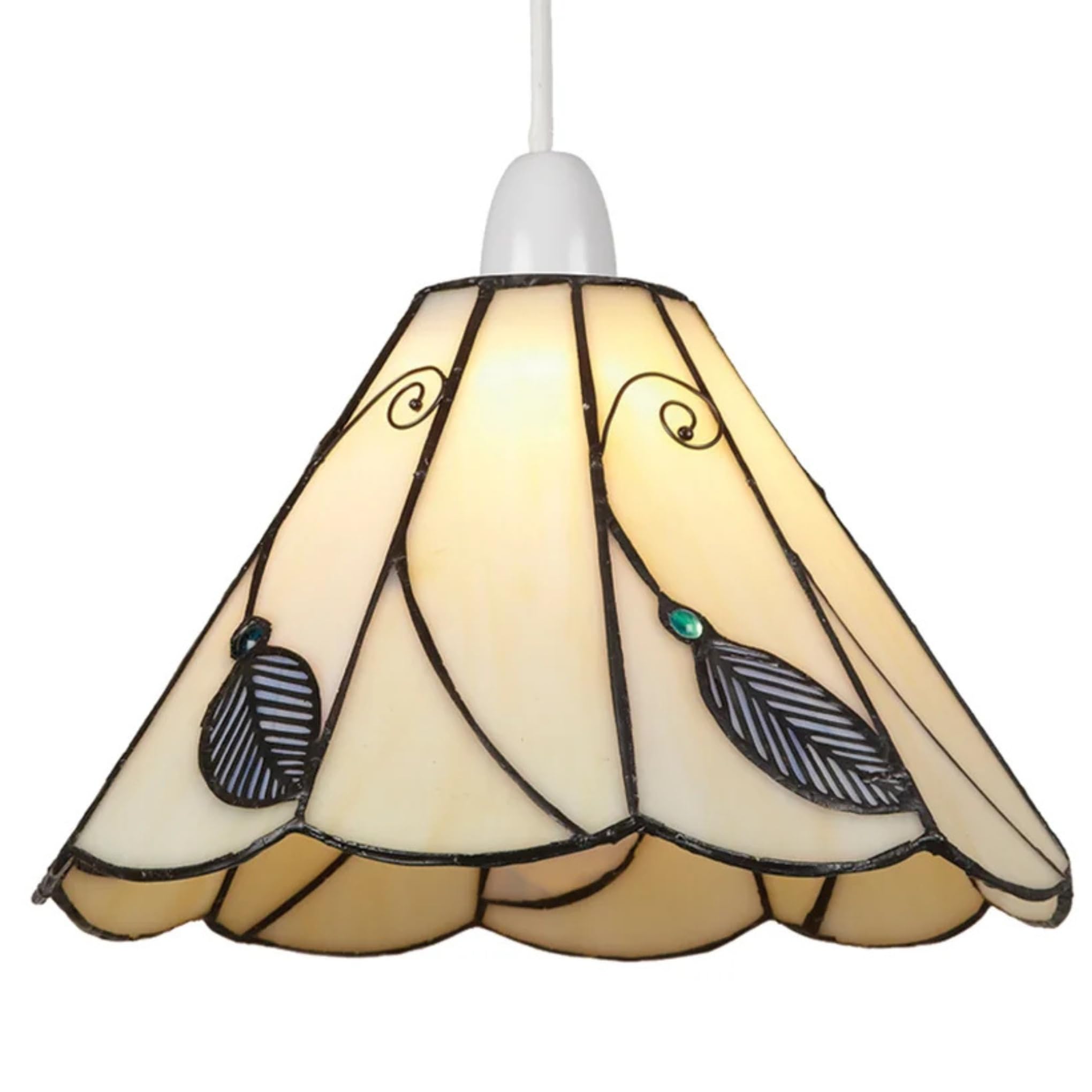 Tiffany Style Pendant Light Shade, 25 cm, Beige Leaf Design, Scalloped Glass (Beige and Blue)