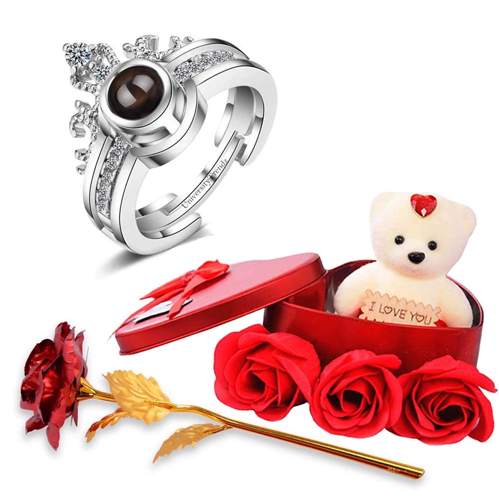 University TrendzI Love You 100 Language Loving Crown Ring with Artificial Red Rose & Soft Teddy Bear with Flower Box for Girlfriend, Wife, Lovers Romantic Gift for Valentine Day (Silver)