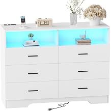 FJTJBSI Dresser with Power Outlets and LED Lights Wooden 6 Drawer Dresser with Large Organizer Tall White Drawer for Bedroom Modern Chest of Drawers Closet for Living Room Kids Room