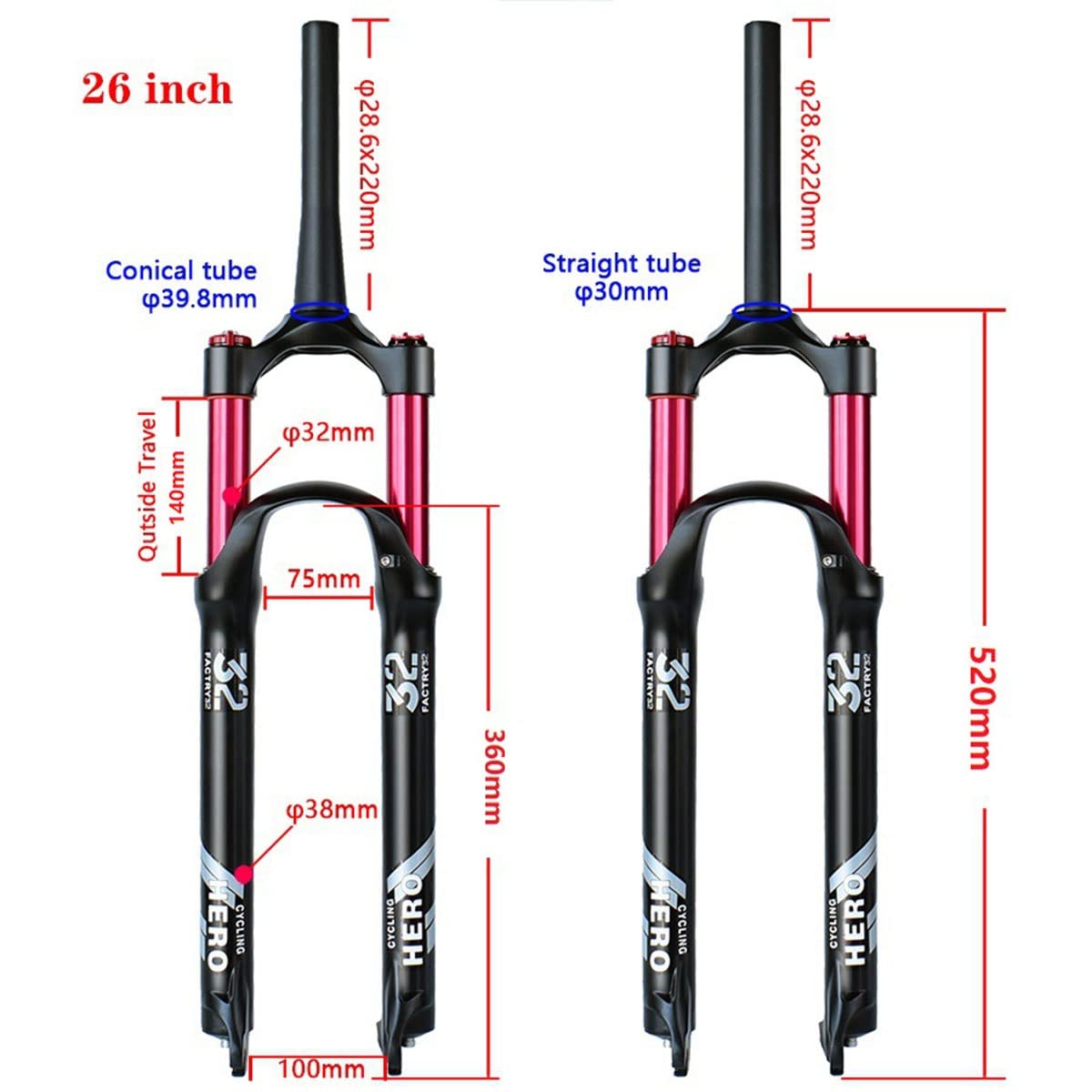 Widelec amortyzowany do roweru górskiego 26/27,5/29 cala MTB Air Travel 120 mm 1-1/8 1-1/2 przedni rower QR hamulec tarczowy 9 mm (kolor: zdalny, rozmiar 26 cali)