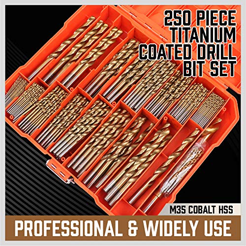 Sedy 250 Pieces Titanium Twist Drill Bit Set, Titanium High Speed Steel Wood Drill Bit Kit For Wood/Steel/Plastic/Aluminum/Copper With Hard Storage Case, Conventional 135° Tip, Size From 3/64" Up To 1/2" #TOP1